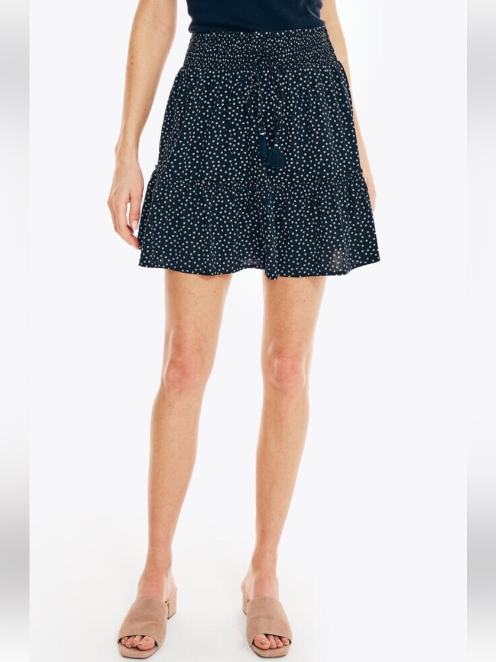 Nautica Floral Ruffle-Trimmed Smocked Waist Skirt Size XS Navy White Coastal